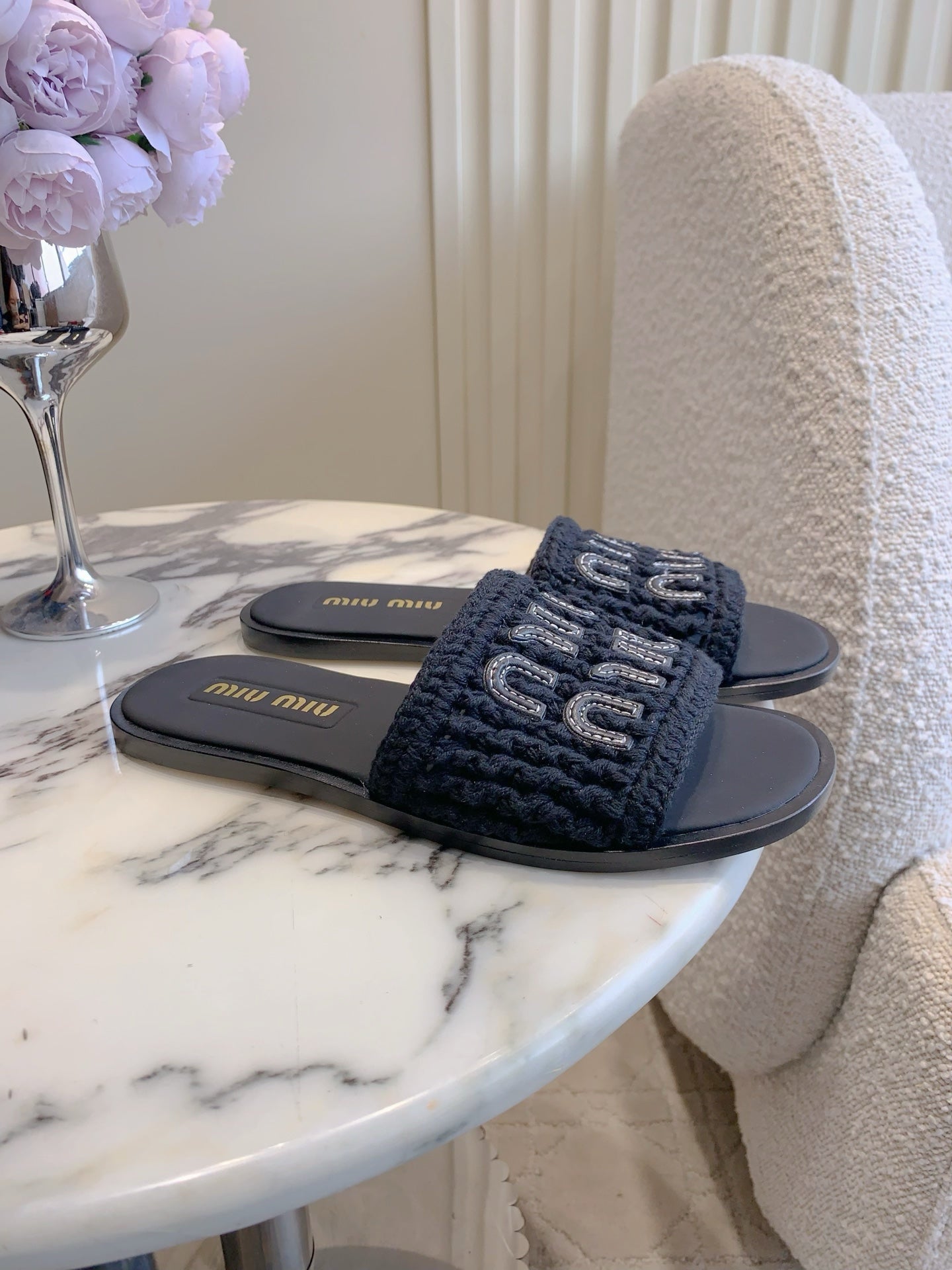 MIUMIU 26S SLIDE SANDALS IN BLACK CALFSKIN AND WOOL