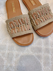MIUMIU 26S SLIDE SANDALS IN LIGHT BROWN CALFSKIN AND WOOL