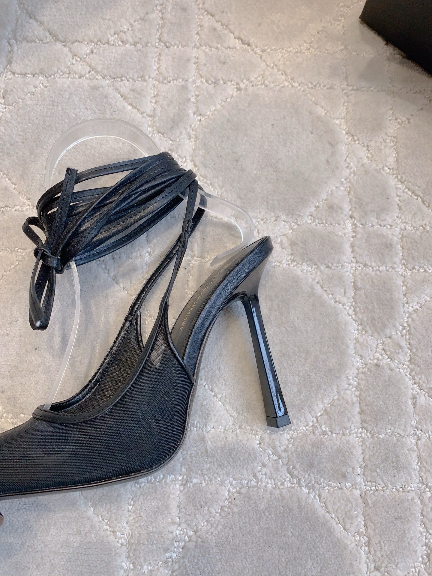 YSL 26S ANKLE-WRAP HEELED SLINGBACKS 90 MM IN BLACK MESH FABRIC