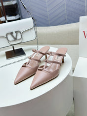 ROCKSTUD WISPY CREPE PINK CALFSKIN MULE 60MM