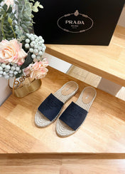 PRA CROCHET SLIPPERS NAVY LINEN FABRIC
