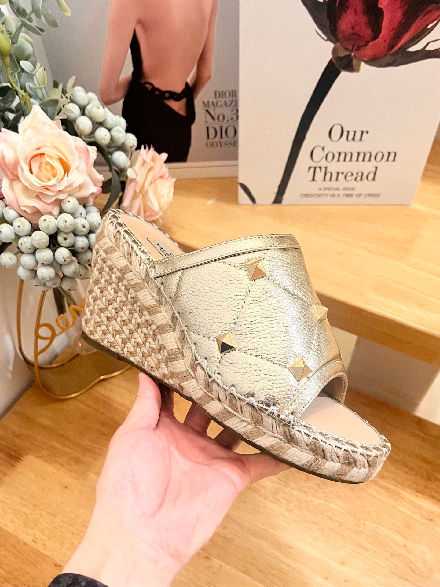 VALENTINO 26S WEDGE SANDALS IN LIGHT GOLD CALFSKIN