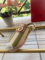 VALENTINO 26S ESPADRILLE MULES IN GREEN AND BEIGE RAFFIA