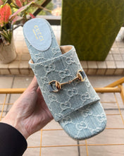 GUCCI 26S WEDGE SANDALS 100 MM IN LIGHT BLUE DENIM