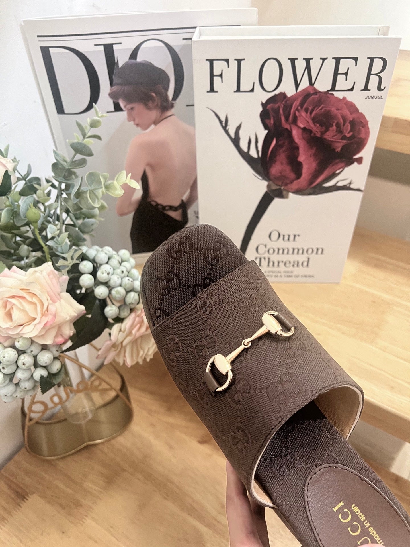 GUCCI 26S WEDGE SANDALS 100 MM IN DARK BROWN CANVAS
