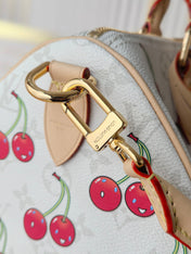 LV 25S SPEEDY SOFT 30 IN WHITE CANVAS MONOGRAM CHERRY PRINT GOLD HARDWARE