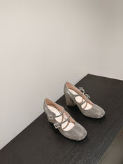 TRÈS VIVIER MARY JANE DOUBLE-STRAP PUMPS IN TAUPE CALFSKIN FULLY EMBELLISHED CRYSTALS