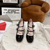 TRÈS VIVIER MARY JANE DOUBLE-STRAP PUMPS IN BLACK PATENT CALFSKIN