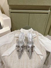 CAGOLE POINTED HIGH MULES IN SILVER SHINY CALFSKIN