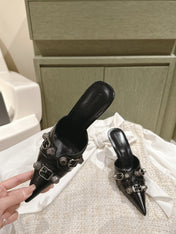 CAGOLE POINTED HIGH MULES IN BLACK SHINY CALFSKIN