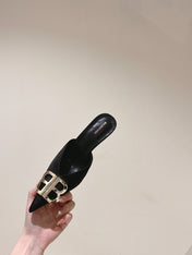 POINTED BB GOLD BUCKLE HIGH MULES IN BLACK SILK