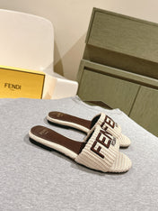 FENDI SIGNATURE MULE SLIDES IN WHITE FIBRE WITH BROWN EMBROIDERED LOGO