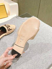 FENDI SIGNATURE MULE SLIDES IN BEIGE FIBRE WITH BROWN EMBROIDERED LOGO