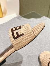 FENDI SIGNATURE MULE SLIDES IN BEIGE FIBRE WITH BROWN EMBROIDERED LOGO