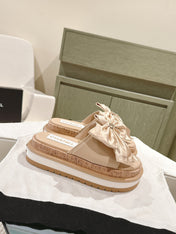 CC SLIPPERS WITH SILK BOW IN BEIGE ALMOND COWHIDE
