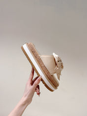 CC SLIPPERS WITH SILK BOW IN BEIGE ALMOND COWHIDE