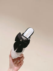 CC JEWELED MULE WITH SILK BLACK BOW IN WHITE LAMBSKIN