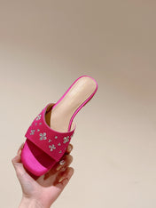 LV WOMEN FLAT MULE IN DEEP PINK SATIN WITH RHINESTONE