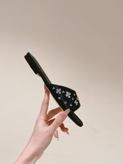LV WOMEN FLAT MULE IN BLACK SATIN WITH RHINESTONE