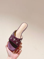 LV WOMEN FLAT MULE IN MAUVE PURPLE SATIN WITH RHINESTONE