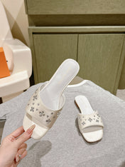 LV WOMEN FLAT MULE IN WHITE SATIN WITH RHINESTONE