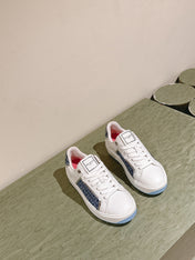 BALMAIN 26S SNEAKERS IN WHITE CALFSKIN AND BLUE CANVAS WITH BLUE SOLE