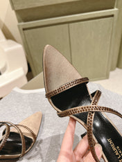 HIGH HEEL MULE 10 CM IN CAMEL BEIGE SATIN WITH RHINESTONES