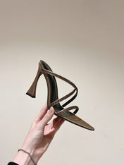 HIGH HEEL MULE 10 CM IN CAMEL BEIGE SATIN WITH RHINESTONES
