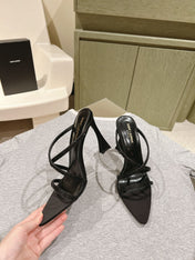 HIGH HEEL MULE 10 CM IN BLACK SATIN WITH RHINESTONES