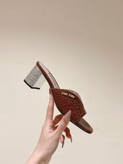 JEWELLED HEEL 55 MULE SANDALS IN RUSET BROWN CALFSKIN
