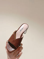 JEWELLED HEEL 55 MULE SANDALS IN RUSET BROWN CALFSKIN