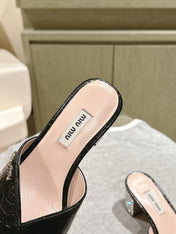JEWELLED HEEL 55 MULE SANDALS IN BLACK CALFSKIN
