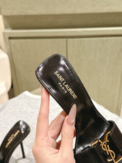 YSL 25S SQUARE-TOE HIGH-HEEL SANDALS 100 MM IN BLACK LAMBSKIN WITH GOLD HARDWARE
