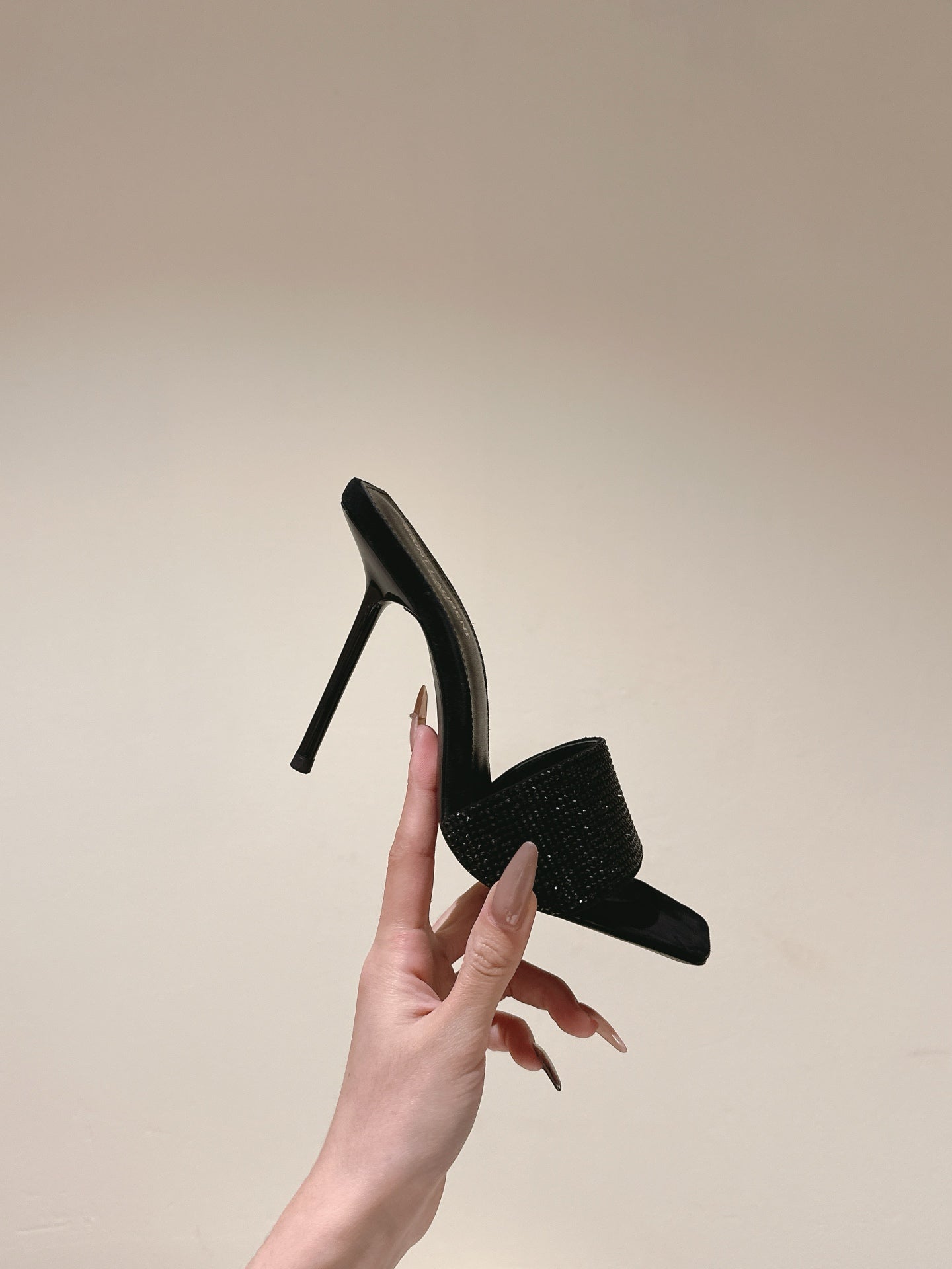 YSL 25S HEELED SANDALS 100 MM IN BLACK LAMBSKIN WITH RHINESTONE-EMBELLISHED STRAP