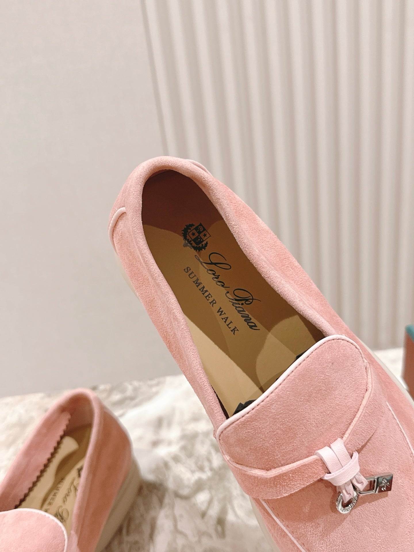 LP LOAFERS 25S IN LIGHT PINK SUEDE WITH SILVER HARDWARE
