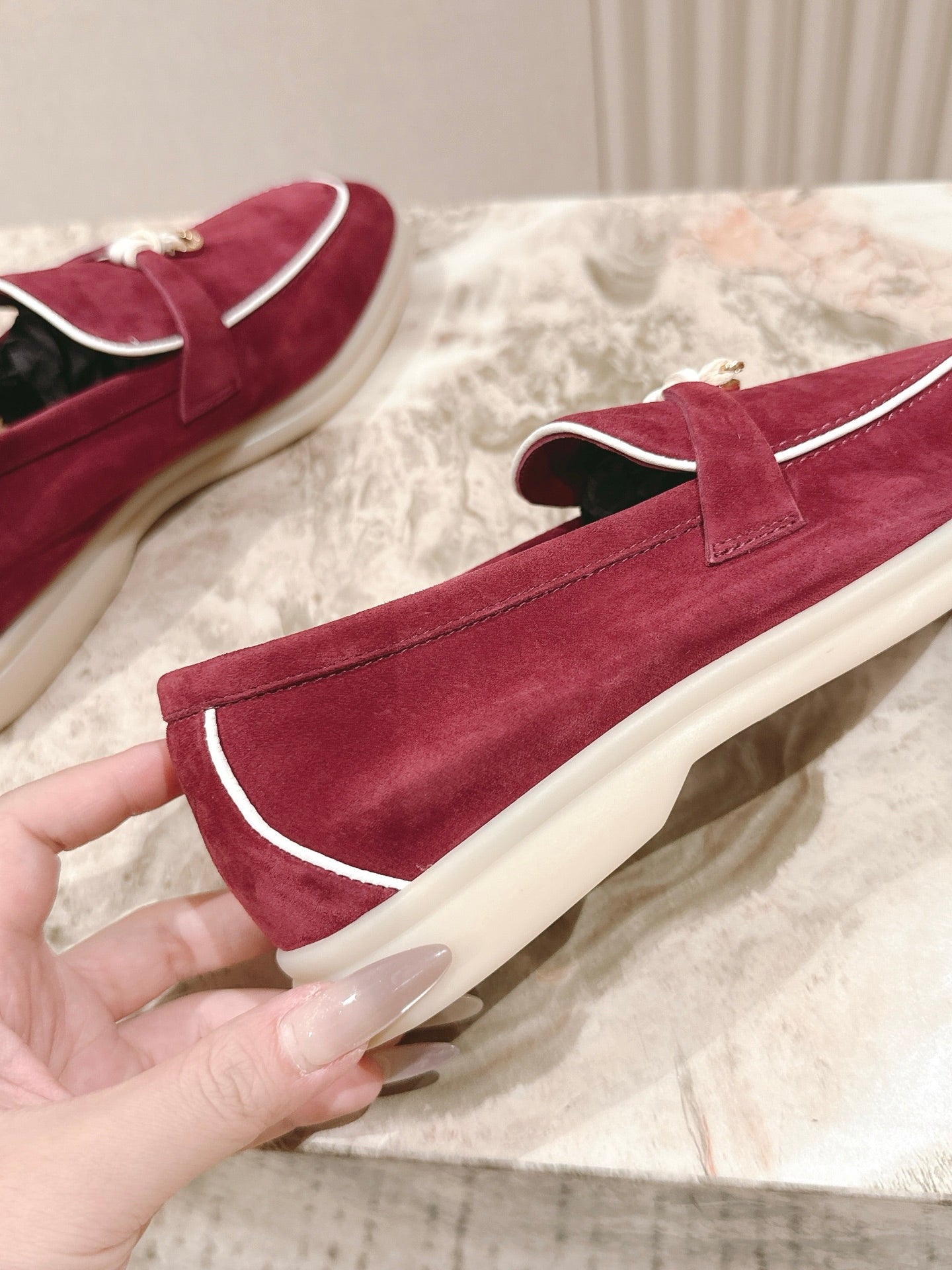 LP LOAFERS 25S IN DEEP BERRY RED SUEDE WITH SILVER HARDWARE