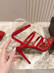 YSL 25S STILETTO HIGH-HEEL SANDALS 100 MM IN RED LAMBSKIN WITH GOLD HARDWARE