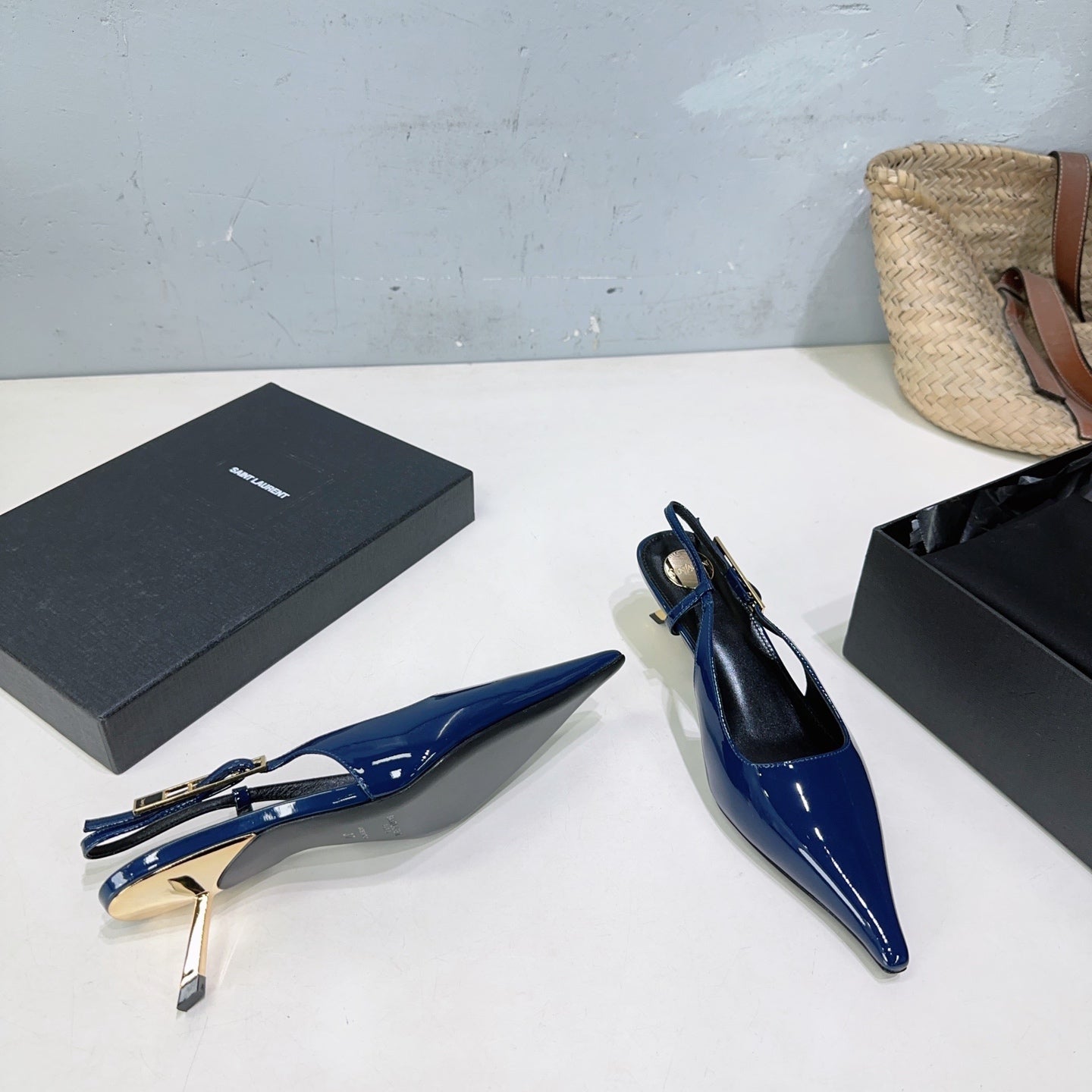 YSL 26S SLINGBACK HEELS 65 MM IN NAVY BLUE CALFSKIN