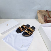 THE ROW 26S DOUBLE STRAP SLIDE SANDALS IN LEOPARD PRINT CALF HAIRCALFSKIN