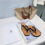 THE ROW 26S THONG SANDALS IN BROWN CALFSKIN BLACK STRAP