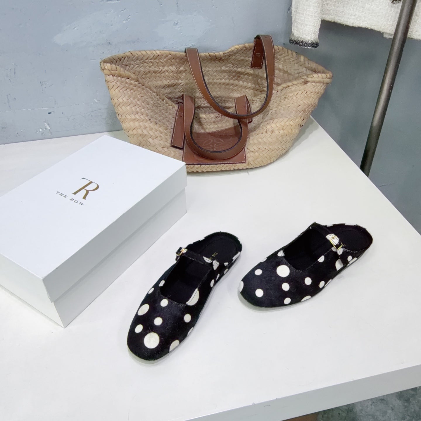 THE ROW 26S MARY JANE FLATS IN BLACK CALFSKIN POLKA DOT CALF HAIR