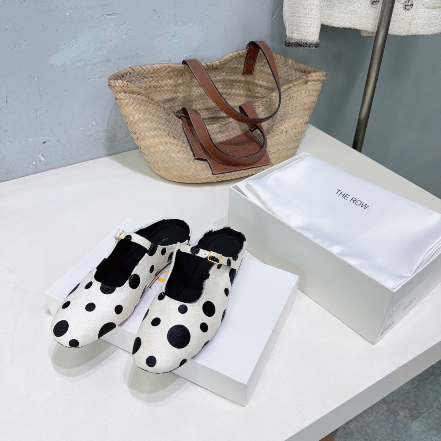 THE ROW 26S MARY JANE FLATS IN WHITE CALFSKIN POLKA DOT CALF HAIR