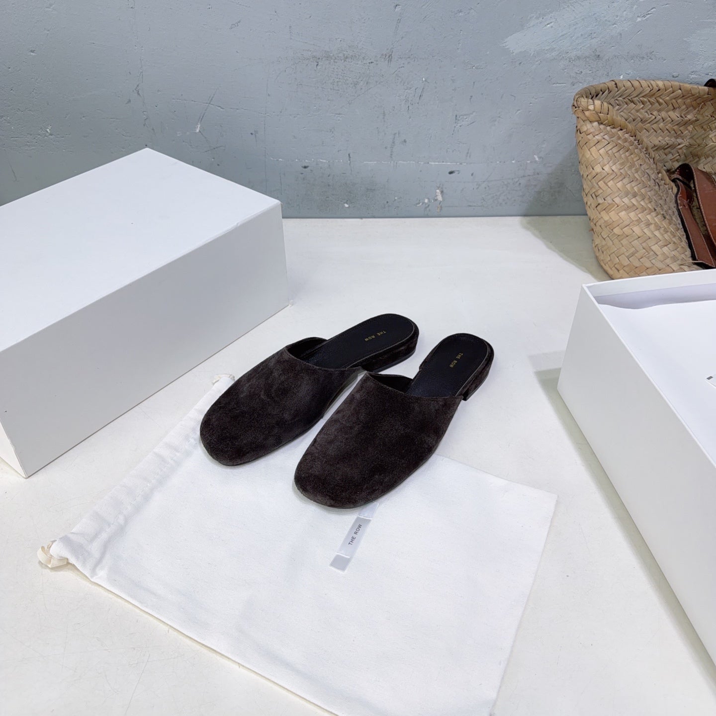THE ROW 26S ROUND TOE MULES IN DARK BROWN SUEDE