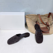 THE ROW 26S ROUND TOE MULES IN DARK BROWN SUEDE