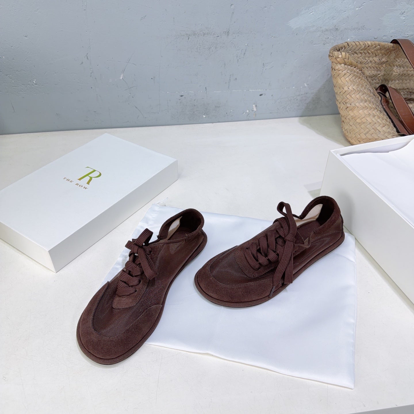 THE ROW 26S LACE UP SNEAKERS IN DARK BROWN SUEDE AND MESH