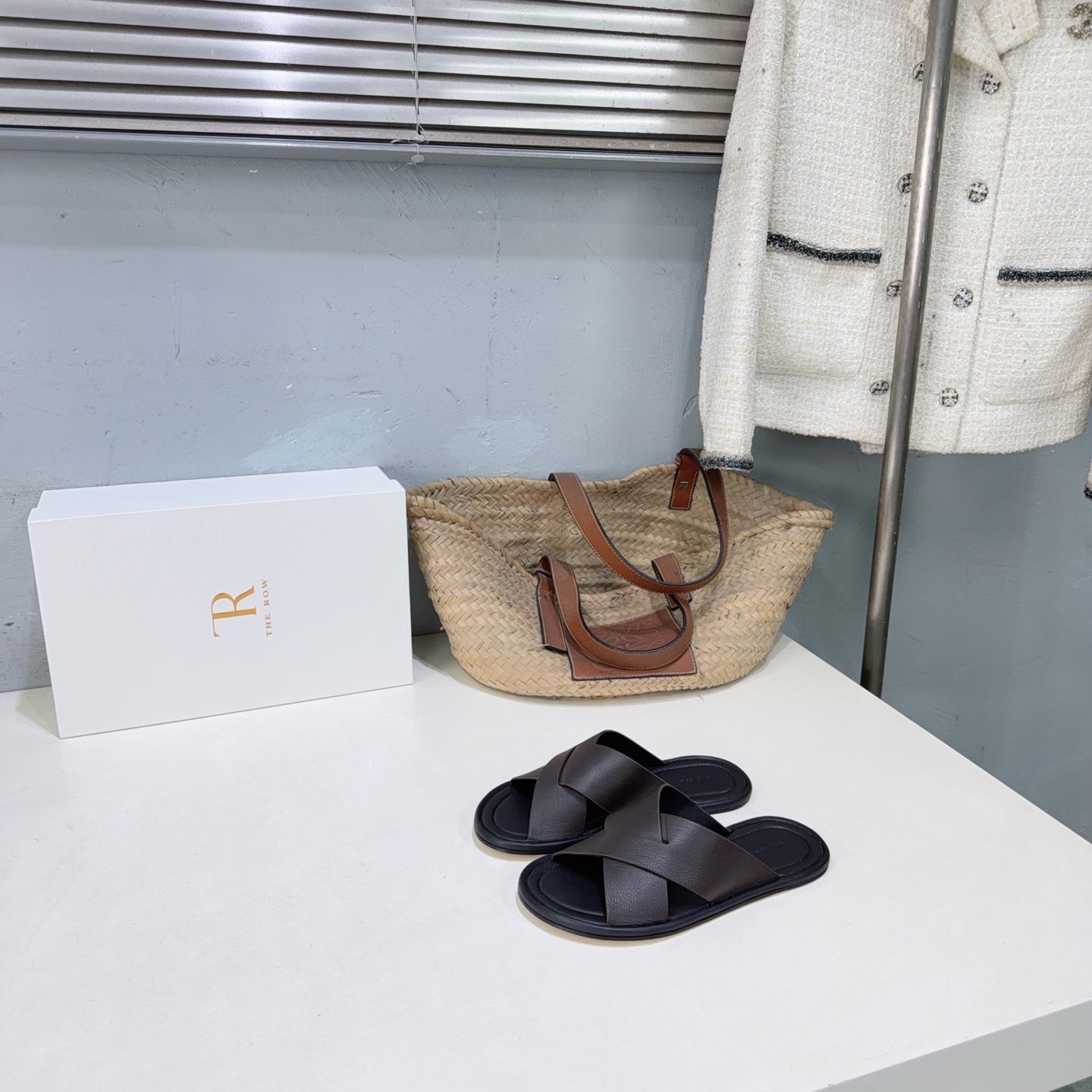 THE ROW 26S SLIDES SANDALS IN DARK BROWN CALFKIN