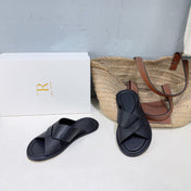 THE ROW 26S SLIDES SANDALS IN BLACK CALFKIN