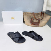 THE ROW 26S SLIDES SANDALS IN BLACK CALFKIN