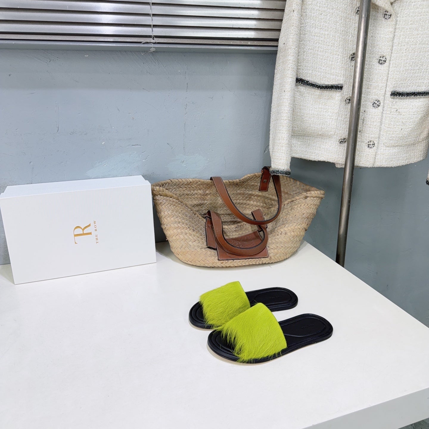 THE ROW 26S SLIDES SANDALS IN GREEN MINK FUR AND BLACK CALFSKIN