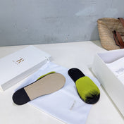 THE ROW 26S SLIDES SANDALS IN GREEN MINK FUR AND BLACK CALFSKIN